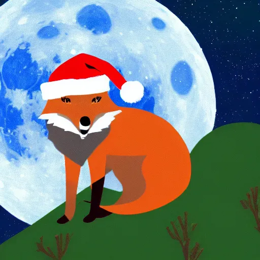 Prompt: a fox wearing a santa hat, sitting on the moon, having a picnic