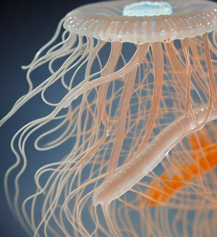 Prompt: jellyfish , A Close up photo-real delicate ceramic porcelain sculpture of a symmetrical ornate detailed in front of an intricate background by Victo Ngai and takato yamamoto, micro detail, backlit lighting, face in focus, subsurface scattering, translucent, thin porcelain, octane renderer, colorful, physically based rendering, japanese pottery, trending on cgsociety