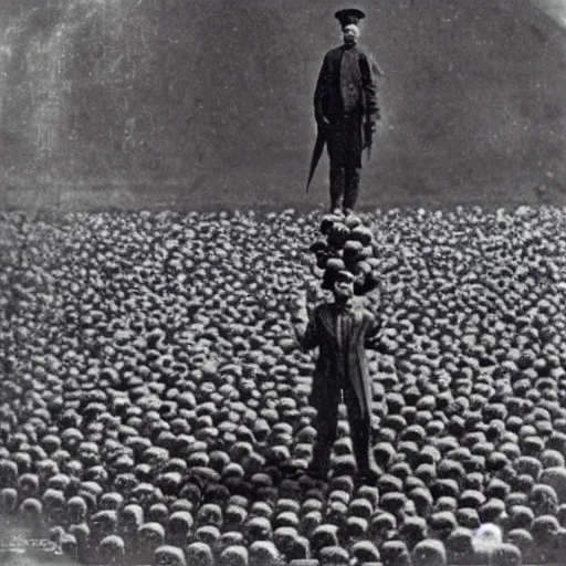 Prompt: a man standing on top of countless skulls, vintage picture from the early 1900’s