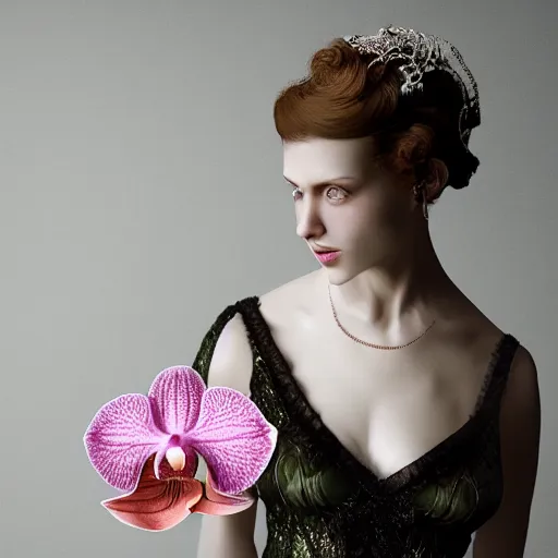 Image similar to long shot kodak portra 4 0 0, 8 k, volumetric lighting, highly detailed, britt marling style 3 / 4, fine art portrait photography in style of paolo roversi, orchid, orchid flower, 3 d render 1 5 0 mm lens, art nouveau fashion queen, elegant, hyperrealistic ultra detailed, 8 k