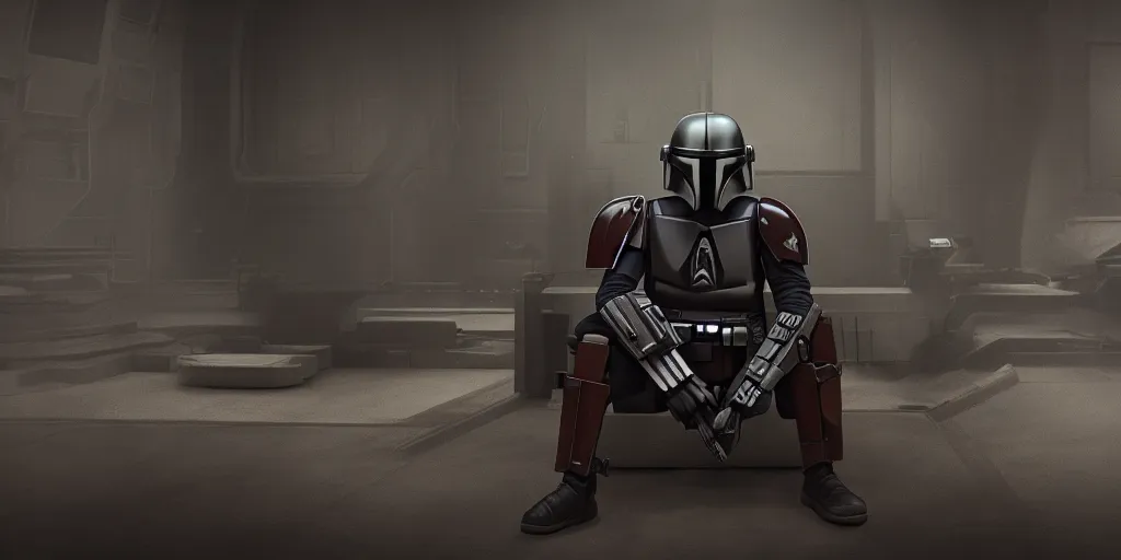 Prompt: large room, atmospheric, single deathwatch mandalorian sitting in thinking pose, cinematic, 4 k