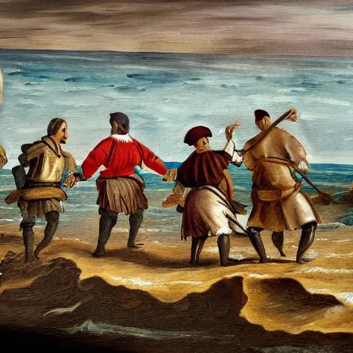 Prompt: A painting of 16th century portuguese navigators walking on the shores of North America, in the style of Roque Gameiro, sharp, good quality, detailed, award winning, realistic, contrast