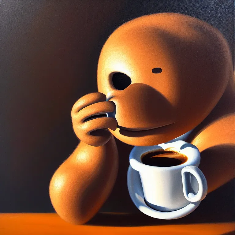 Image similar to an anthropomorphic coffee bean drinking a cup of espresso, photorealism, oil on canvas, soft textures, warm lighting
