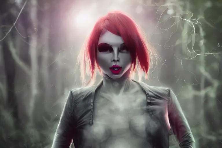 Prompt: Cyber ​​girl, transforming face, fangs, syringes, forest, fog, volumetric light