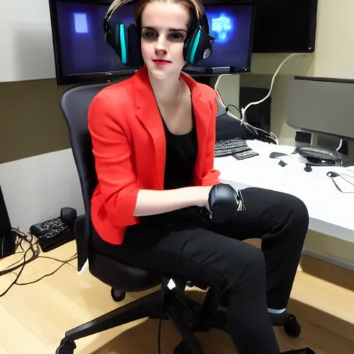 Prompt: emma watson wearing a gaming headset photo sitting on gaming chair