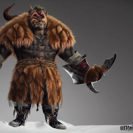 Prompt: A full body shot of a handsome orc looking into the camera wearing a fur jacket and boots, full body shot, artstation, realistic, highly detailed, symmetrical, hyper realism, high detail, octane render, unreal engine, 8k, fantasy art, intricate, highly detailed, concept art