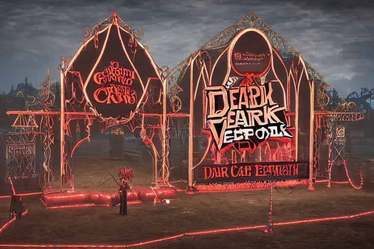 Prompt: 3d sculpt of an arched gothic ironwork sign for a circus called 'the dark metal carnival', red dead redemption2, las vegas, artstaton, digital illustration