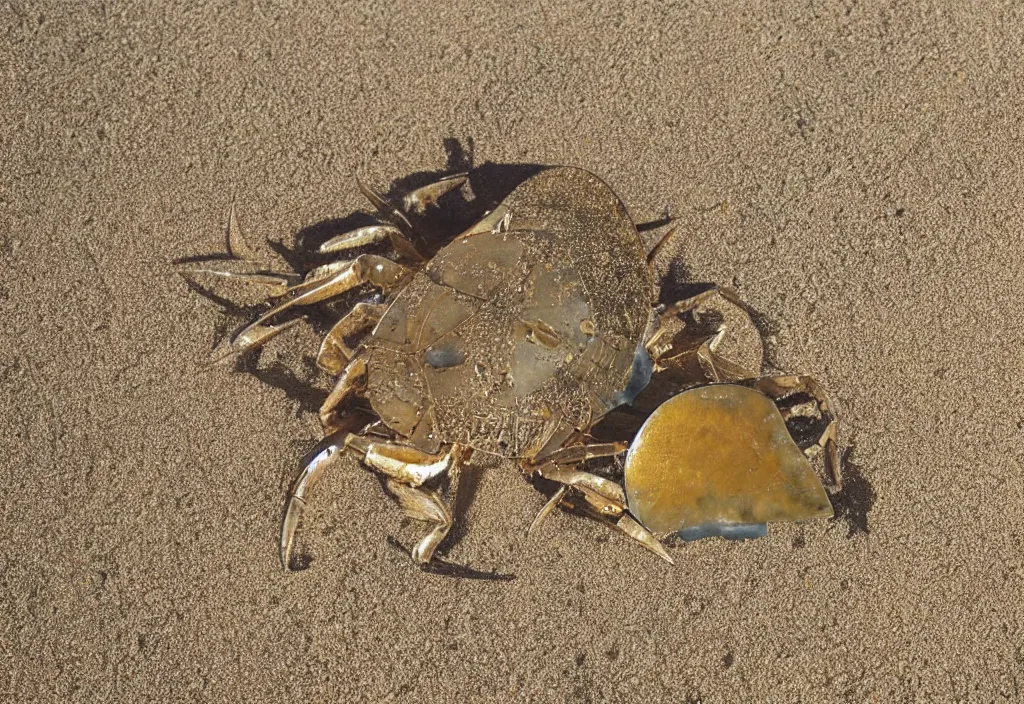 Image similar to A photo of a horseshoe crab made of gold in the beach