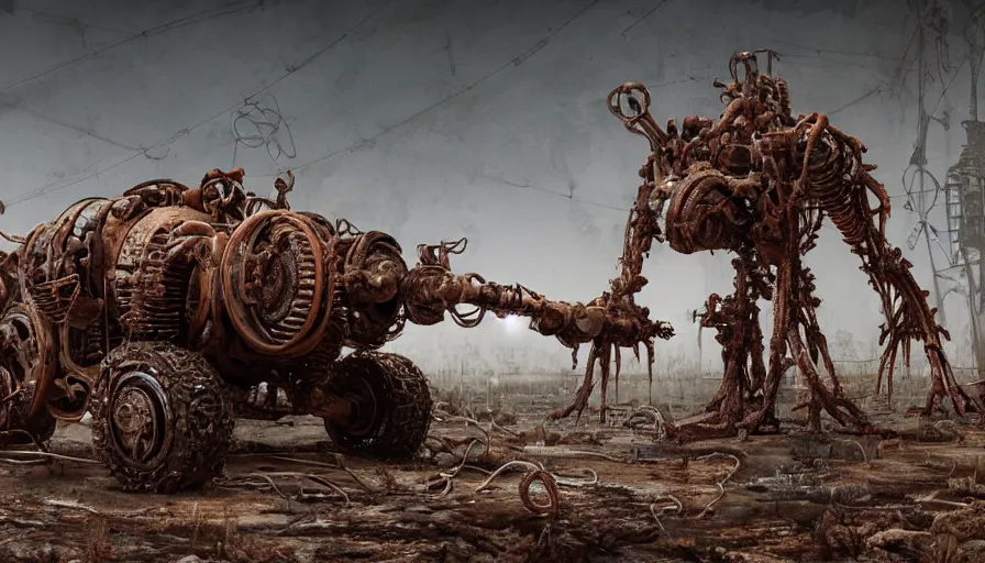 Prompt: Techno-biological rusty М50 Ontos consisting of tumors, meat, veins, bones, guts, kidneys, wires. Biopunk, body-horror, high detail, photorealism, full length view, very rust, concept art, octane render, 16k, 8k