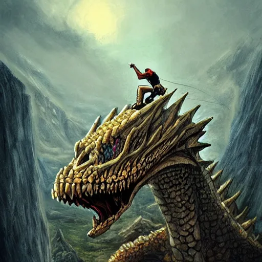 Prompt: rogue rock climber climbing a giant ancient dragons skull, very detailed, fantasy art, dungeons and dragons, belaying, ropes, landscape, cover of national geographic