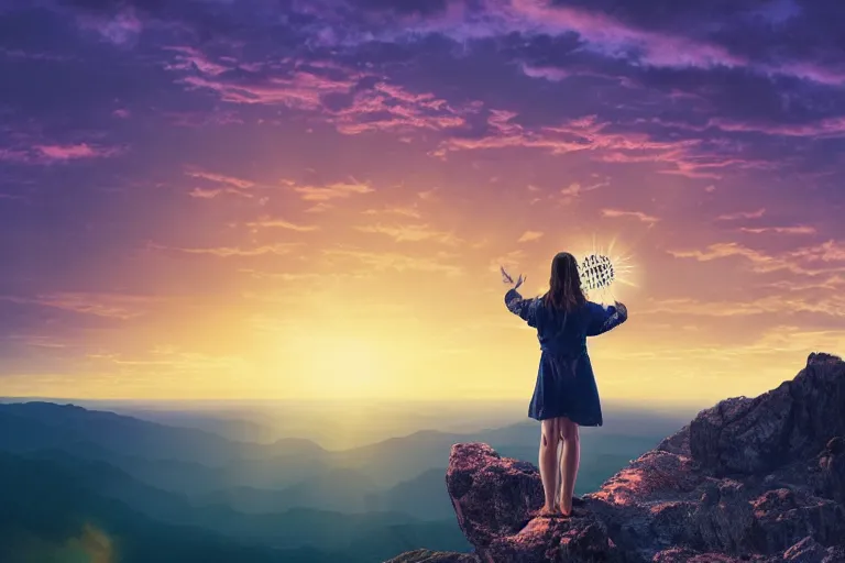 Prompt: painting of a mystical creature holding a source of light in her hands she is on top of a mountain, contemplating her existence in a beautiful sunset near dusk, cinematic composition