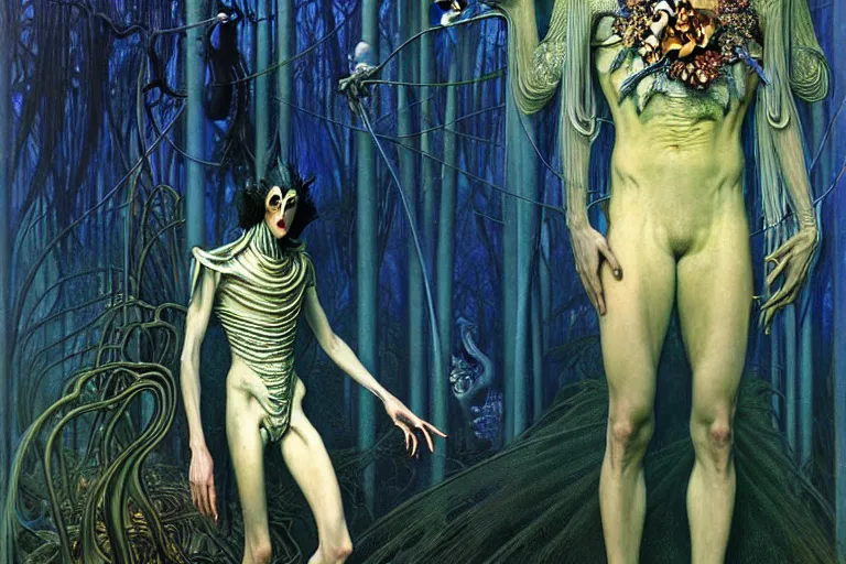 Image similar to realistic extremely detailed portrait painting of an elegantly creepy vampire man dressed as dracula, futuristic sci-fi forest on background by Jean Delville, Amano, Yves Tanguy, Alphonse Mucha, Ernst Haeckel, Edward Robert Hughes, Roger Dean, rich moody colours, blue eyes