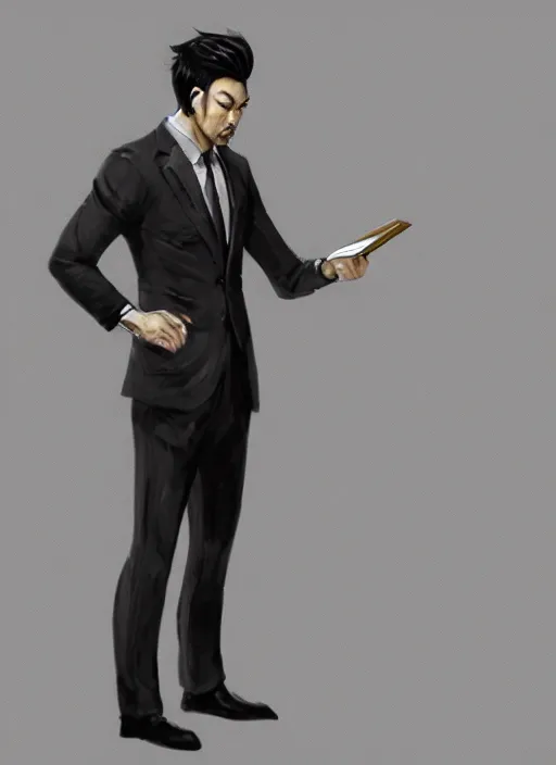 Image similar to a highly detailed illustration of serious short black haired asian man with goatee wearing suit, dramatic reading book pose, muscular, intricate, elegant, highly detailed, centered, digital painting, artstation, concept art, smooth, sharp focus, league of legends concept art, WLOP