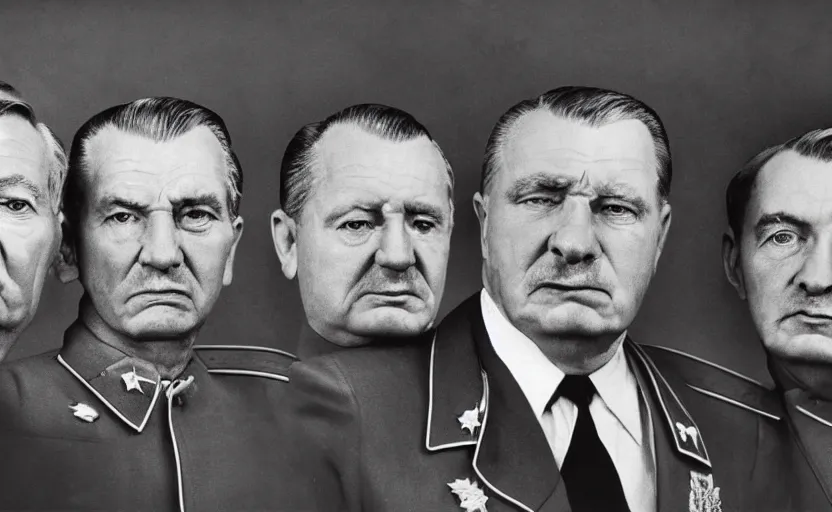 Prompt: 50s movie still close-up portrait of three individual elder soviet marshal with very detailed faces in a stalinist style hall, by Irving Penn, Cinestill 800t 50mm black and white, heavy grainy picture, very detailed, high quality, 4k, HD criterion, precise texture, diverse faces, diverse haircuts, diverse ages, each faces precisely define