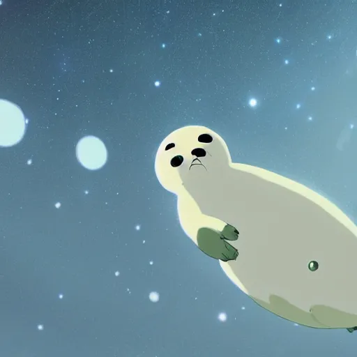 Image similar to terrified baby harp seal astronauts floating into deep space, stars in the background, scary, atey ghailan, goro fujita, studio ghibli, dark lighting, clear focus, very coherent,