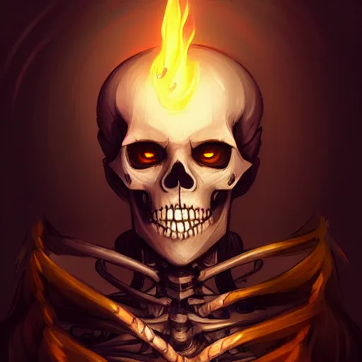 Prompt: beautiful digital portrait painting of a skeleton wandering through a never - ending dungeon with a torch, by charlie bowater, ross tran, artgerm, and makoto shinkai, detailed, inked, western comic book art