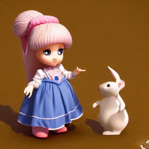 Image similar to rabbit checking pocket watch doll figurine, alice in wonderland theme, octane render 8 k, disney inspired landscape, artstation, cinematic lighting, hd, ultra realistic