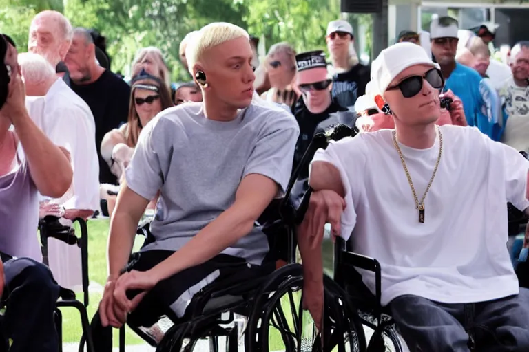 Image similar to eminem perfoming at elderly home before a crowd in wheelchairs