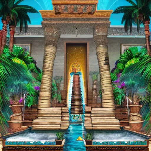 Image similar to a old big egyptian palace with plants and waterfalls, retrowave art,digital art,trending on art station