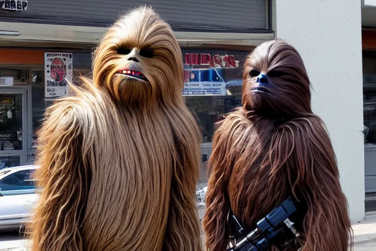 Image similar to chewbacca wearing a weave in front of a pawn shop