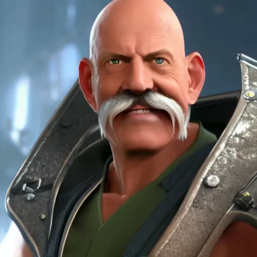 Image similar to the incredible dr. pol in final fantasy vii remake, bald with white mustache, happy expression, character render, full body shot, highly detailed, in game render