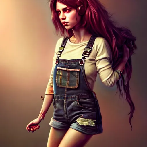 Prompt: full body pose, grungy very attractive alice, torn overalls, short shorts, combat boots, fishnets, beautiful, highly detailed face, true anatomy!, extremely detailed!, digital painting, unreal engine 5, art by tom bagshaw