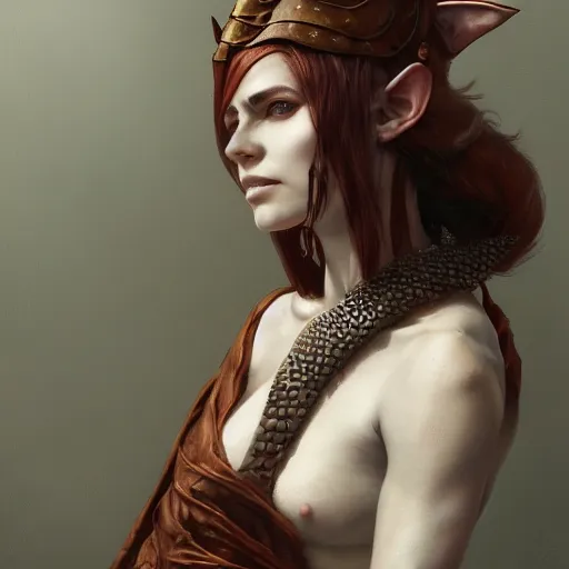 Prompt: A detailed matte painted portrait of an elf woman with small horns of copper and copper dragon scales covering her arm and neck wearing a simple white robe, by greg rutkowski, trending on artstation, dungeon and dragons art