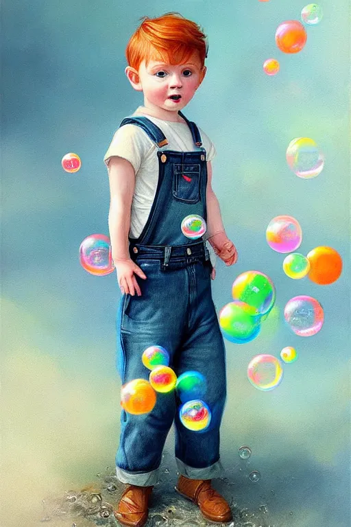 Image similar to a little boy with very short ginger hair wearing denim overalls chasing bubbles. clean elegant painting, beautiful detailed face, lots of bubbles. by artgerm and greg rutkowski