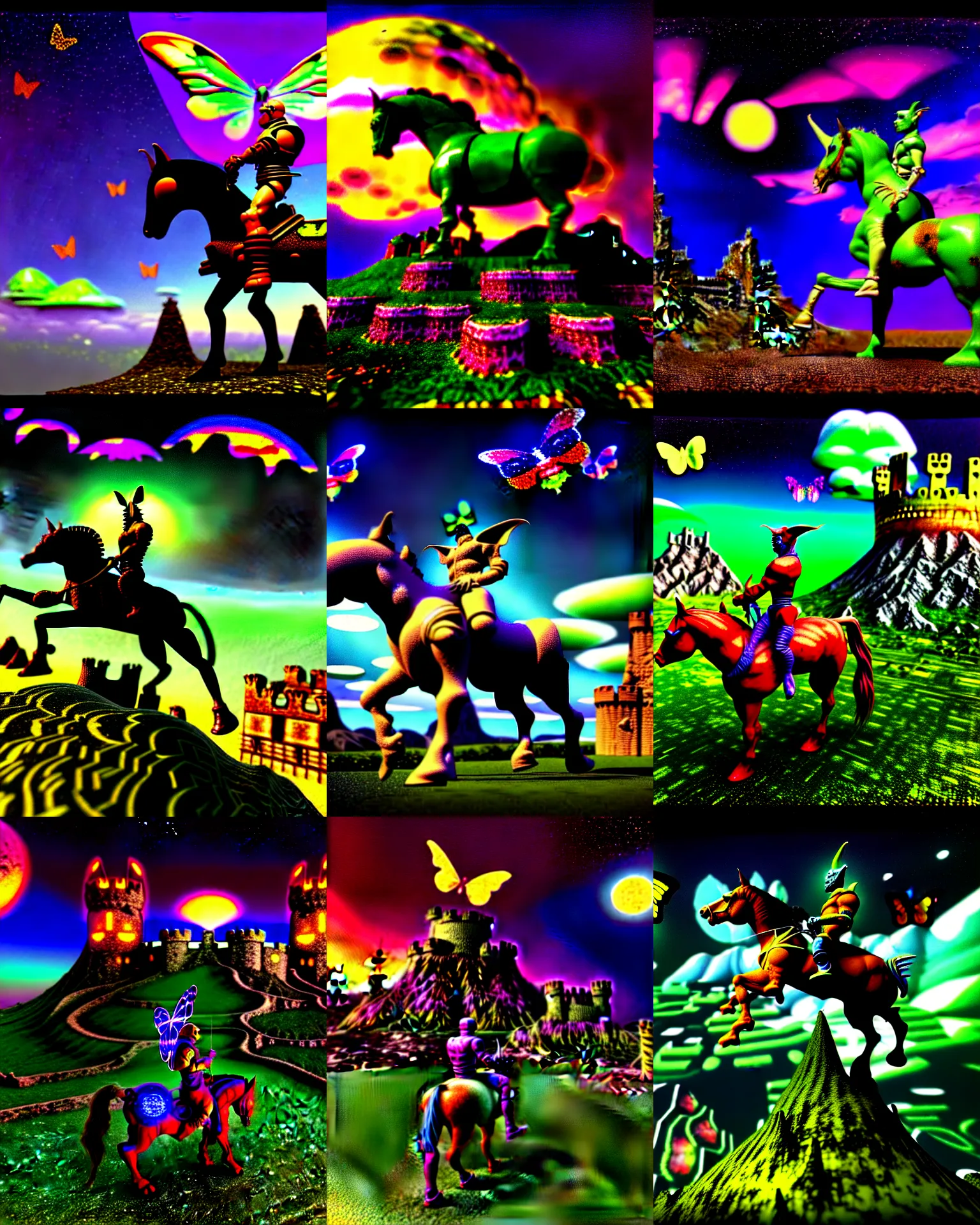 Prompt: 3 d render of cyborg goblin riding a horse standing in cybernetic mountain landscape castle ruins against a psychedelic surreal background with 3 d butterflies and 3 d flowers n the style of 1 9 9 0's cg graphics against the cloudy night sky, psx graphics, 3 do magazine, medium close shot