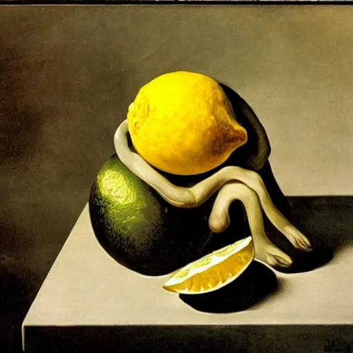 Image similar to a lemon eating another lemon, salvador dali, horror