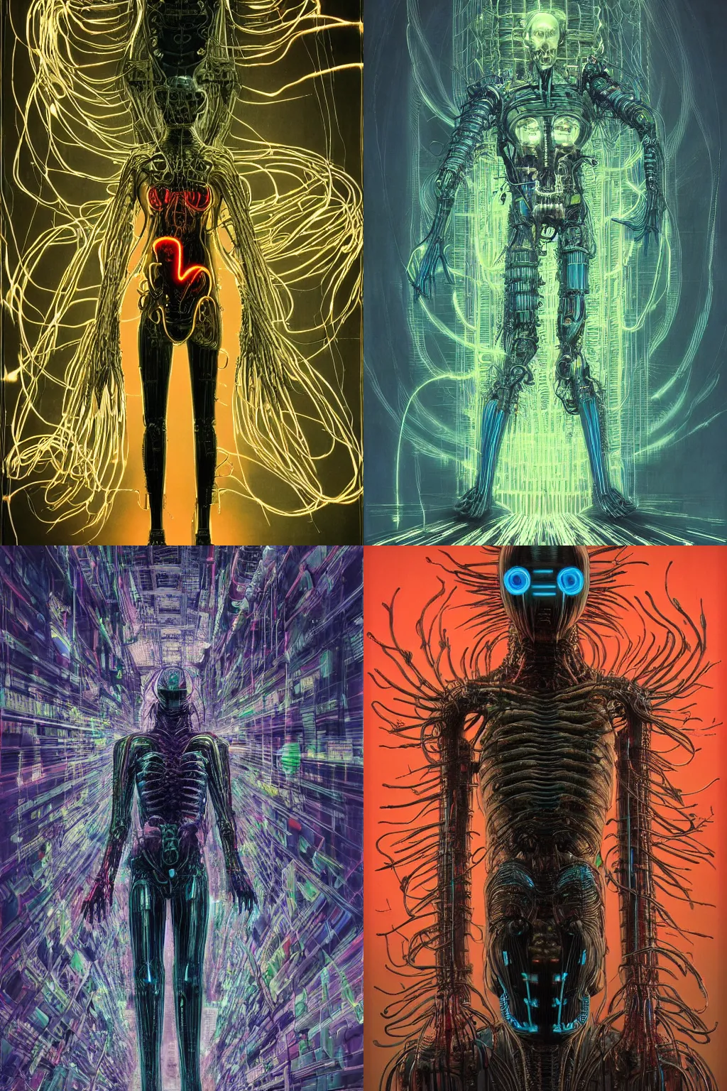 Prompt: humanoid cyborg with outstretched head, cartoon soft fluorescent fluffy claws, translucent neon skin, barcodes, luminescent wires and darktubes, mix styles of tsutomu nihei, video game art, battle scene, zdzisław beksinski and giger, in full growth, no blur