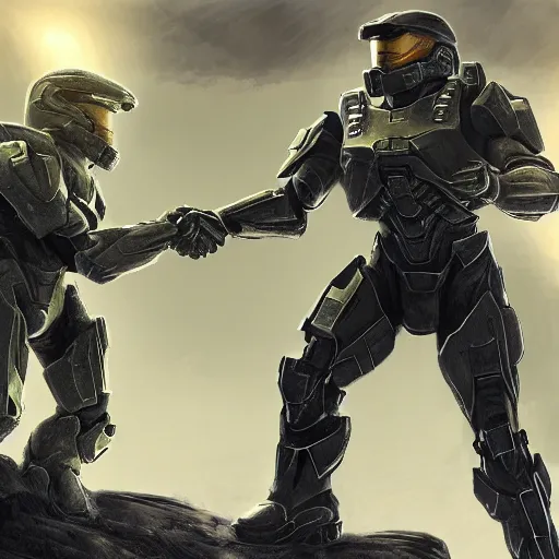 Image similar to master chief from halo shaking hands with president joe biden, digital art, highly detailed, high contrast, beautiful lighting, award winning, trending on art station, photorealistic, 8 k,