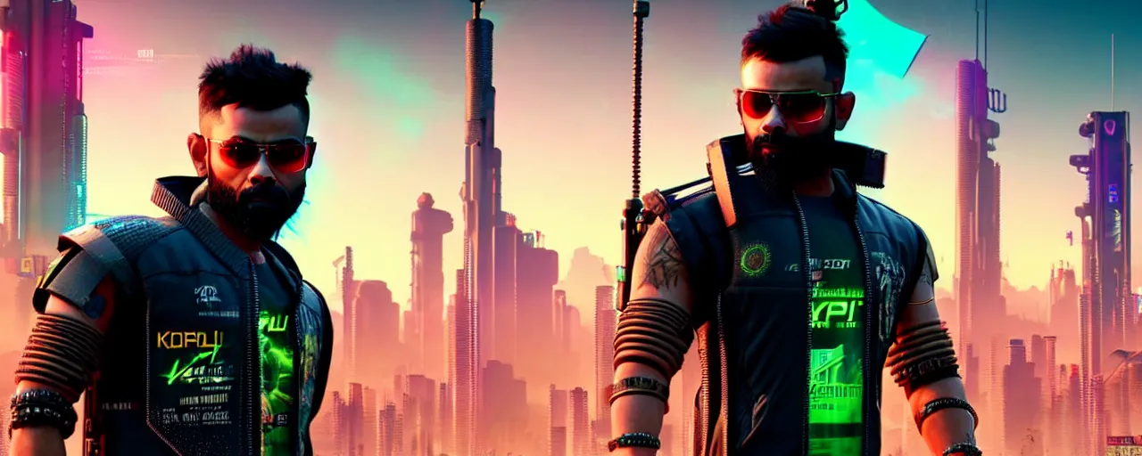 Image similar to Virat Kholi, in CyberPunk 2077, as a cyberpunk dystopia, 4k highly detailed digital art 4k highly detailed digital art