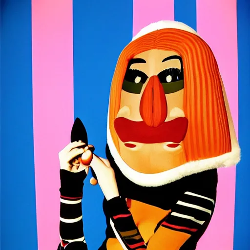 Image similar to 1970 woman on tv show with a long prosthetic snout nose, big nostrils, wearing stripes in the park 1970 color archival footage color film 16mmwith hand puppet Fellini Almodovar John Waters Russ Meyer Doris Wishman