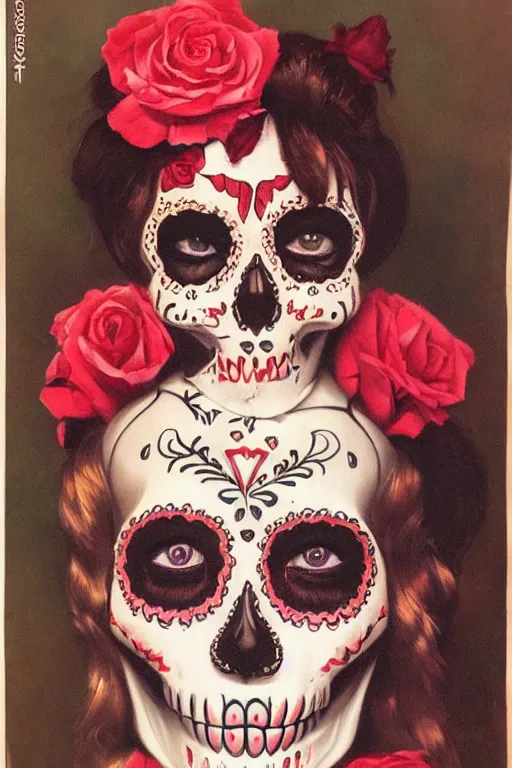 Prompt: illustration of a sugar skull day of the dead girl, art by art frahm