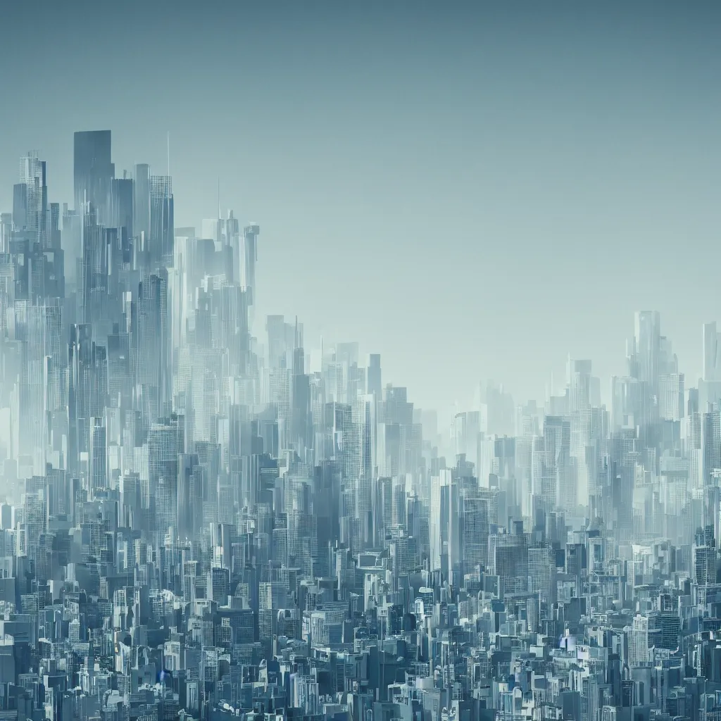 Image similar to ery clean material design poster with futuristic city on the horizon. buildings have reserford's atom on top