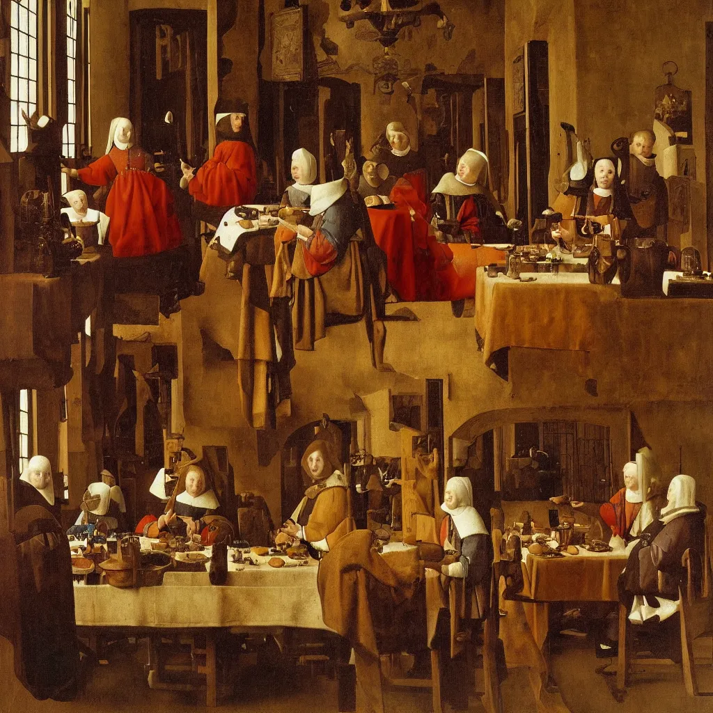 Image similar to Noble lunch. They dined in a large, richly furnished room. There were a lot of food on the table. Medieval painting by Jan van Eyck, Johannes Vermeer, Florence,