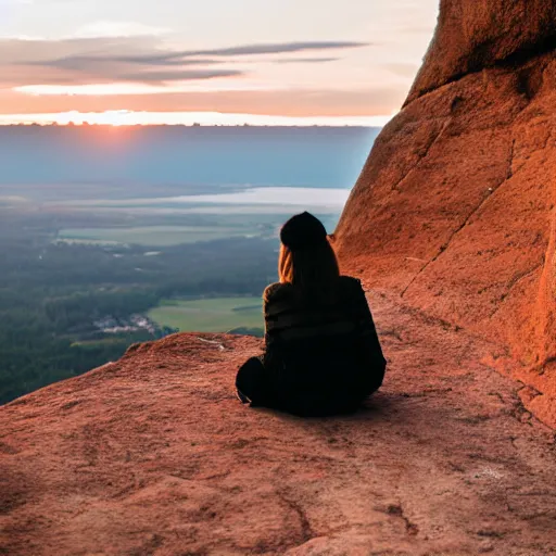 Image similar to a woman sitting on the edge of a cliff watching the sunset