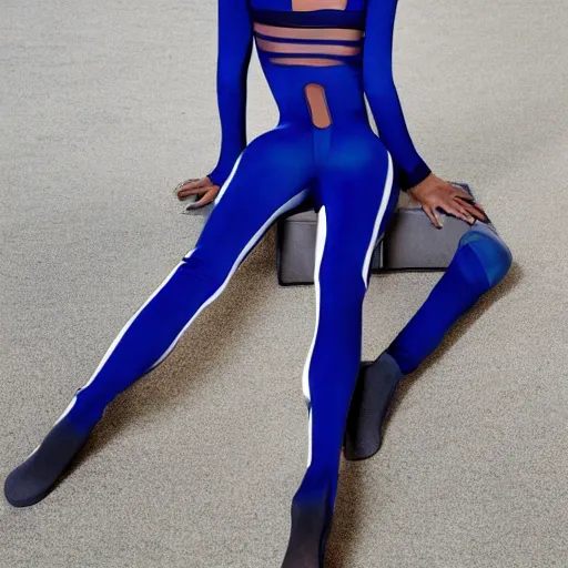 Image similar to athletic model wearing skintight dark blue catsuit with a see - through mesh stripe all the way up the left side, from her ankles to her neck