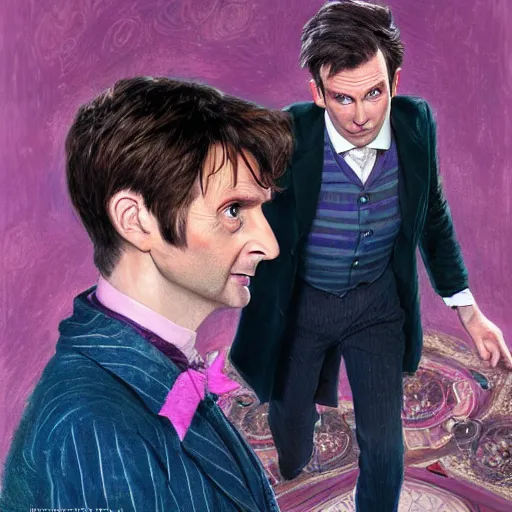 Image similar to david tennant and imelda staunton as dolores umbridge in pink clothes with the tenth doctor who, highly detailed, artstation, concept art, fantasy, smooth, sharp focus, illustration, perfect face, art by nikolay makovsky, jacek malczewski, arthur hughes, edward okun, franz xaver winterhalter