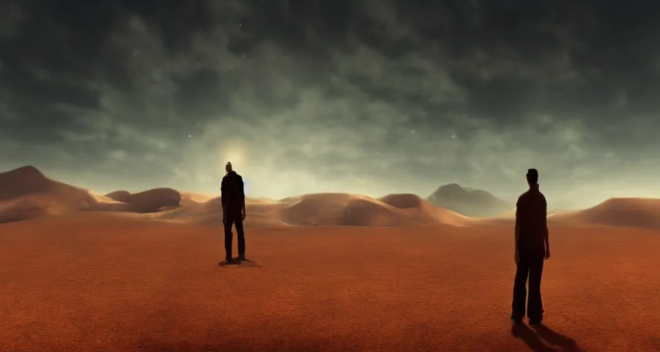 Image similar to a man in the desert staring at the sky, cinematic composition, dark color scheme, artstation