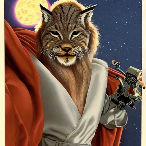 Image similar to hairy maned lynx - headed romantic hero in satin robe, laying on sci fi bed, science fiction, pulp sci fi, michael whelan, ron cobb, highly detailed, mignogna, illustration