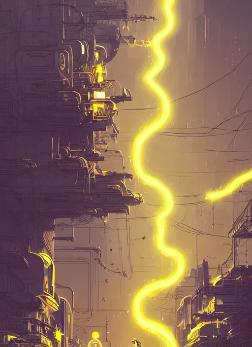 Image similar to highly detailed portrait of wasteland long glowing yellow and white plasma hair tribal lady, stray electric spark wiring by atey ghailan, james gilleard, by joe fenton, by greg rutkowski, by greg tocchini, by kaethe butcher, 4 k resolution, gradient yellow, black and white color scheme!!! ( ( lightning robotic cityscape background ) )