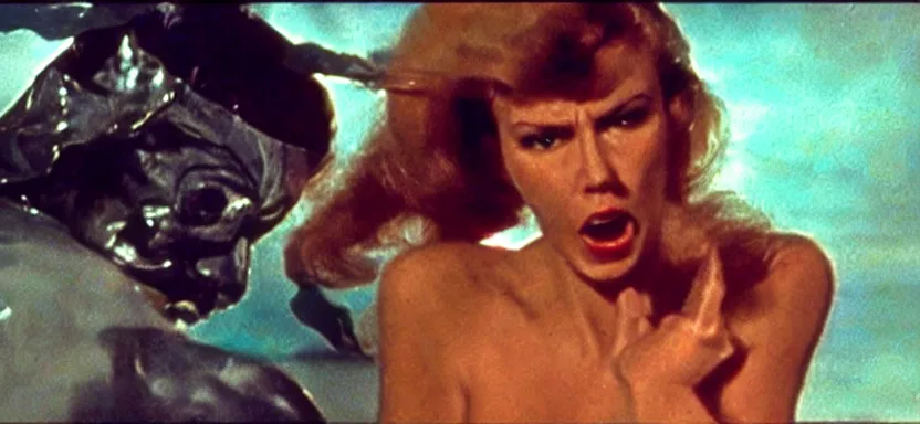 Prompt: a beautiful woman punching a monster film in a still from a roger corman film, hyperrealistic