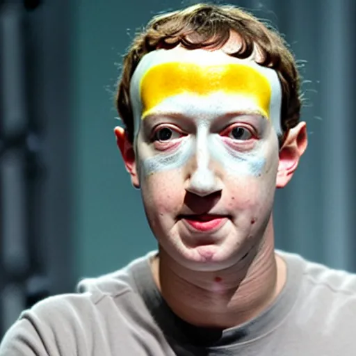 Prompt: Mark Zuckerberg as Data from Star Trek, with white face paint and yellow contacts