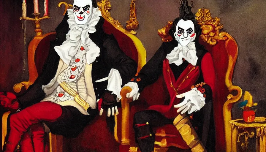 Prompt: a vampire sitting on a throne in his castle during the american revolution. he is surrounded by paintings and is wearing a bright clown emoji mask. character design by john and ai