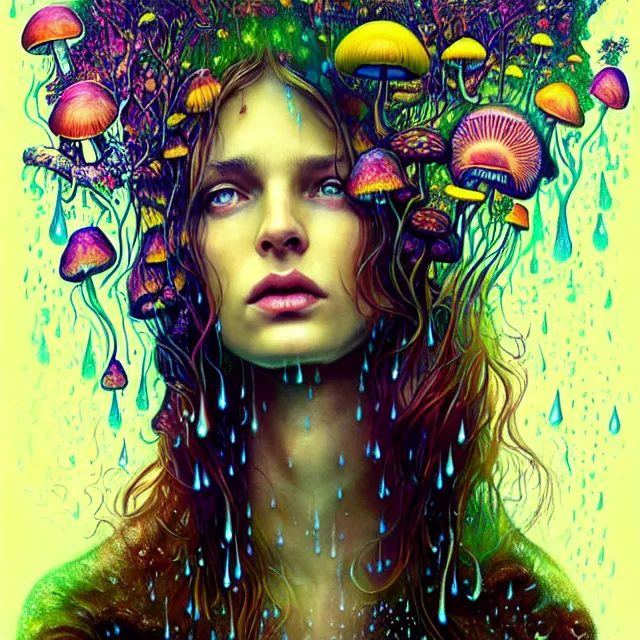 Image similar to bright portrait surrounded by psychedelic mushrooms with rain on face and wet hair, diffuse overhead lighting, fantasy, intricate, elegant, dramatic lighting, highly detailed, lifelike, photorealistic, digital painting, artstation, illustration, concept art, smooth, sharp focus, art by John Collier and Albert Aublet and Krenz Cushart and Artem Demura and Alphonse Mucha