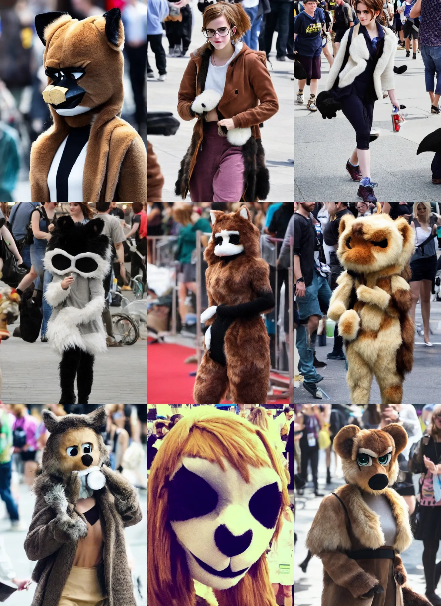 Prompt: emma watson spotted at a furry convention wearing her fursuit, face!!! visible!!!, photo taken with an iphone, candid photography, zoomed in