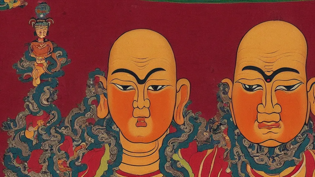 Image similar to a fierce buddhist deity with the face of michel foucault, in the style of tibetan thanka painting