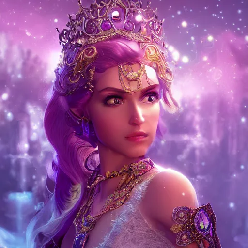 Image similar to portrait of princess of amethyst, glowing, ornate and intricate jewelry, jaw dropping beauty, glowing background lighting, white accent lighting, hyper detailed, fairy tale, 4 k octane render